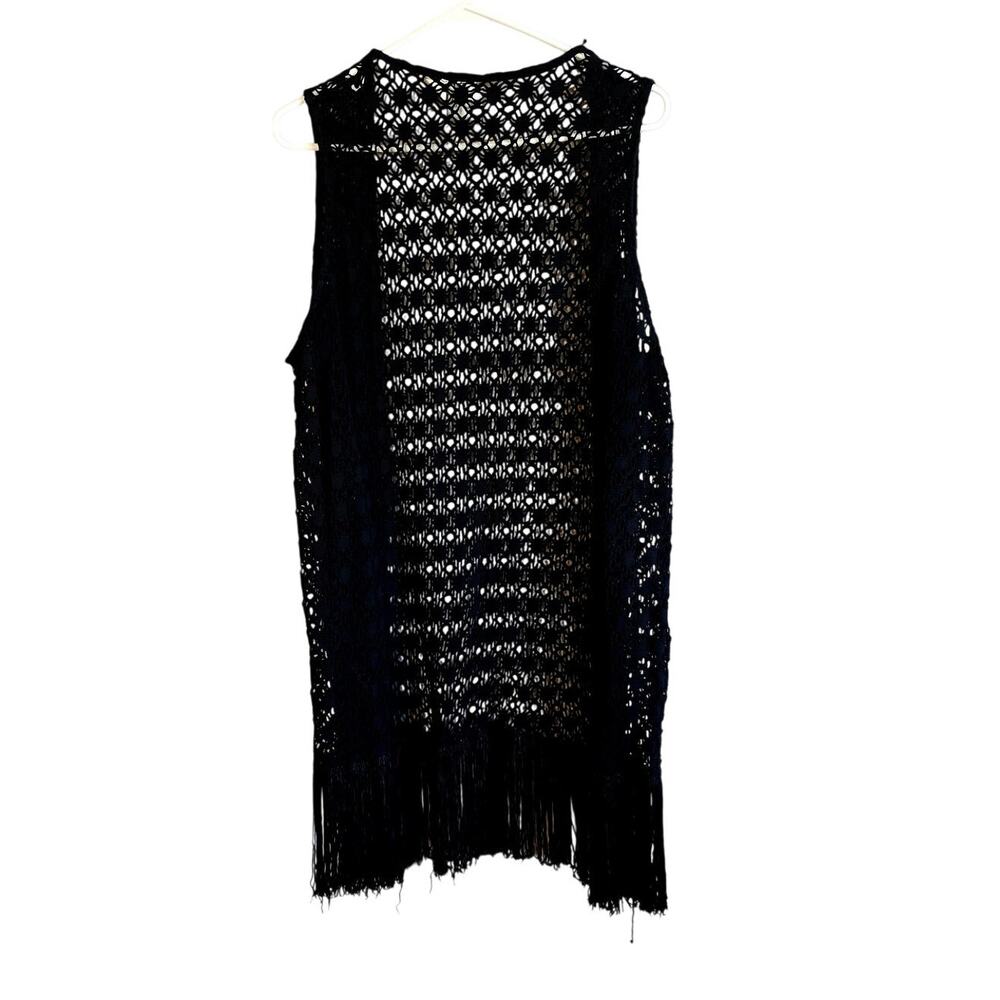 Vintage Katy D open knit black fringe cardigan top size 14 festival - Picture 2 of 4